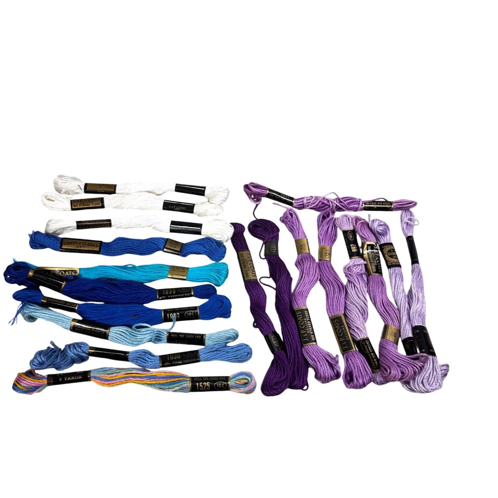 19 Vintage Embroidery Floss Skeins J & P Coats Star DMC Blue‎ Purple White Lot